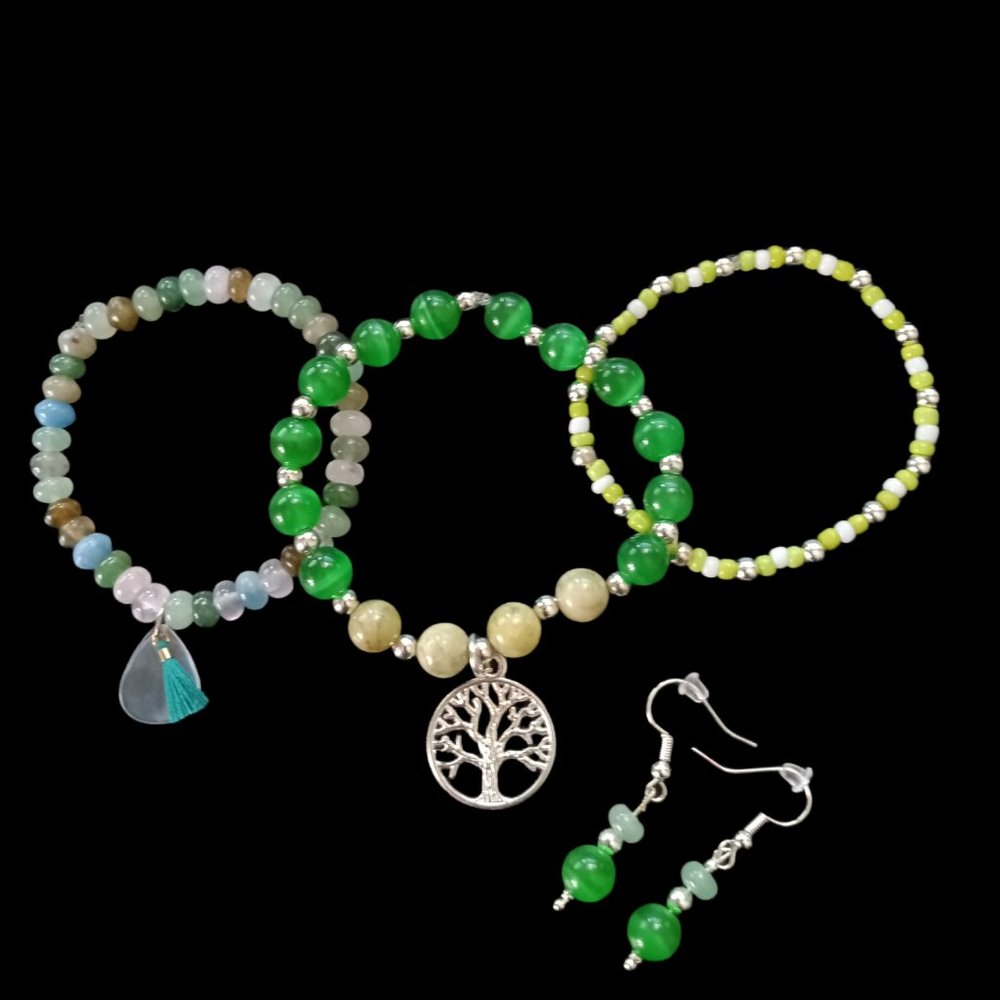 Bracelets "The Tree Life", Three Color Green With Charms And Earrings